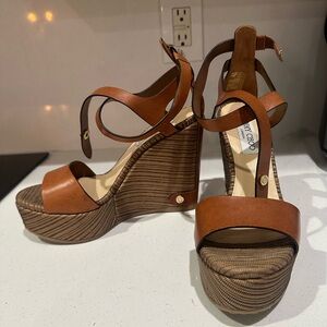 Jimmy Choo Tan Leather Wedge Sandals